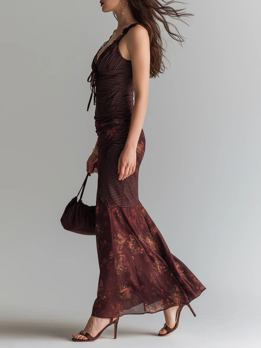 Retro Striped Flower Splicing Suspender Maxi Dress - Image 2