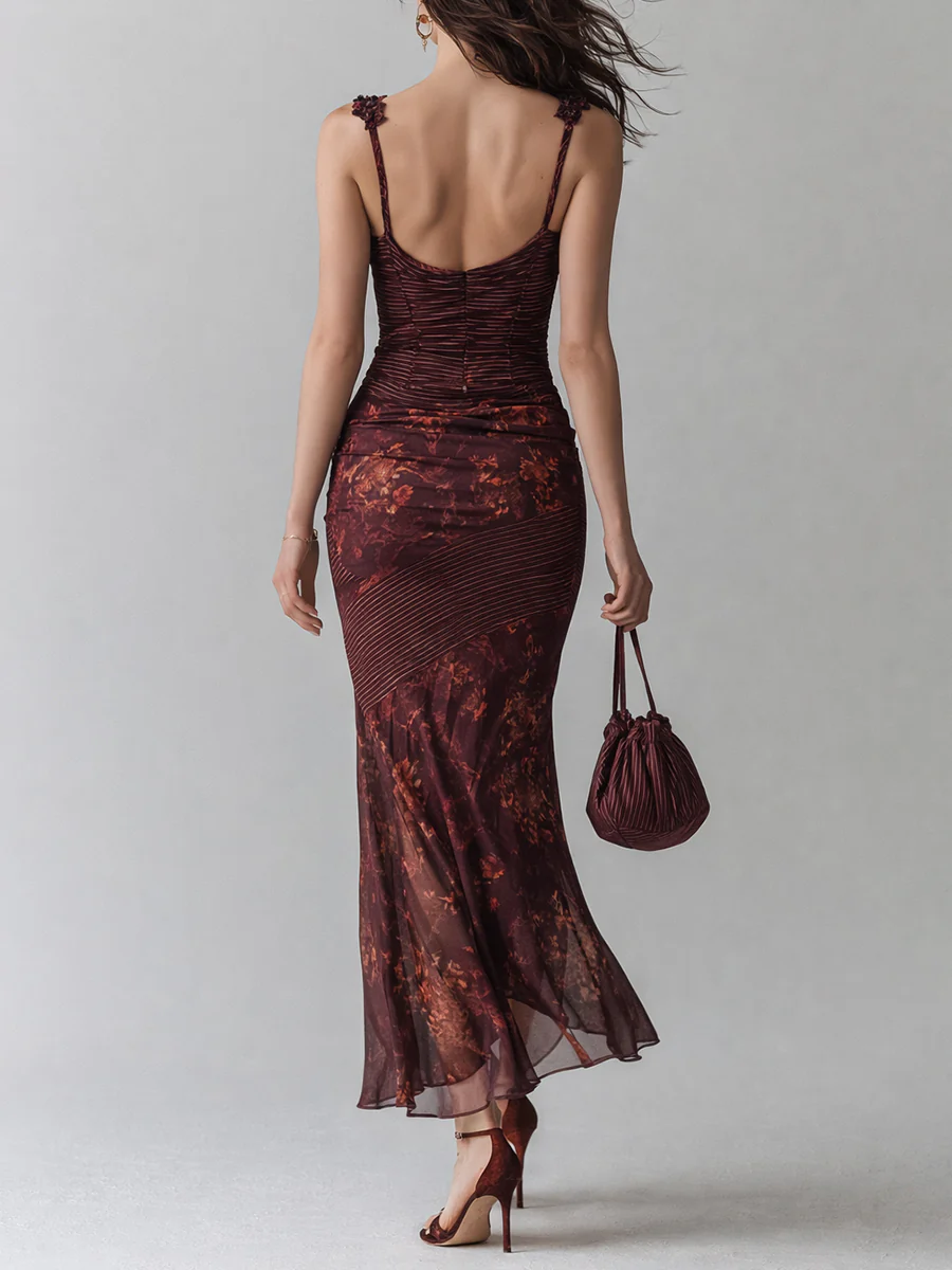 Retro Striped Flower Splicing Suspender Maxi Dress - Image 3