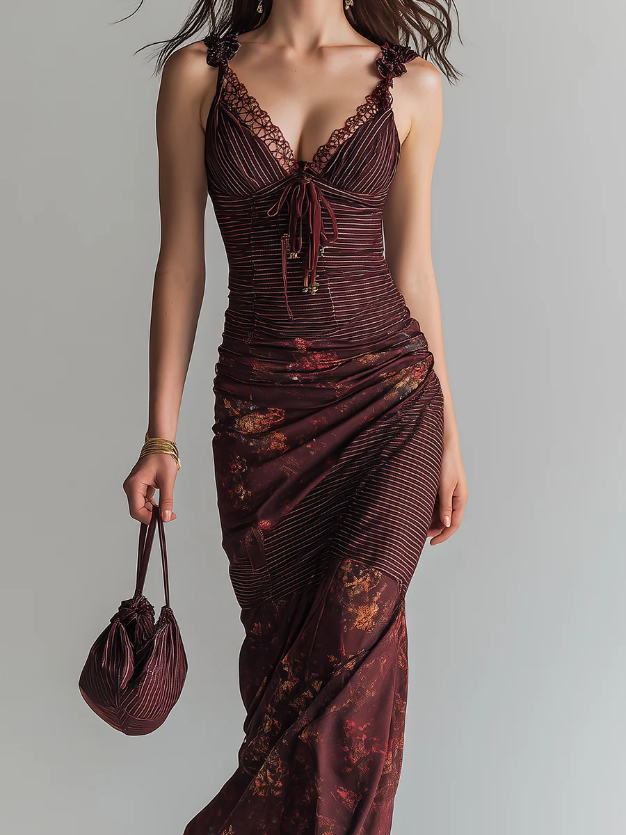 Retro Striped Flower Splicing Suspender Maxi Dress - Image 4