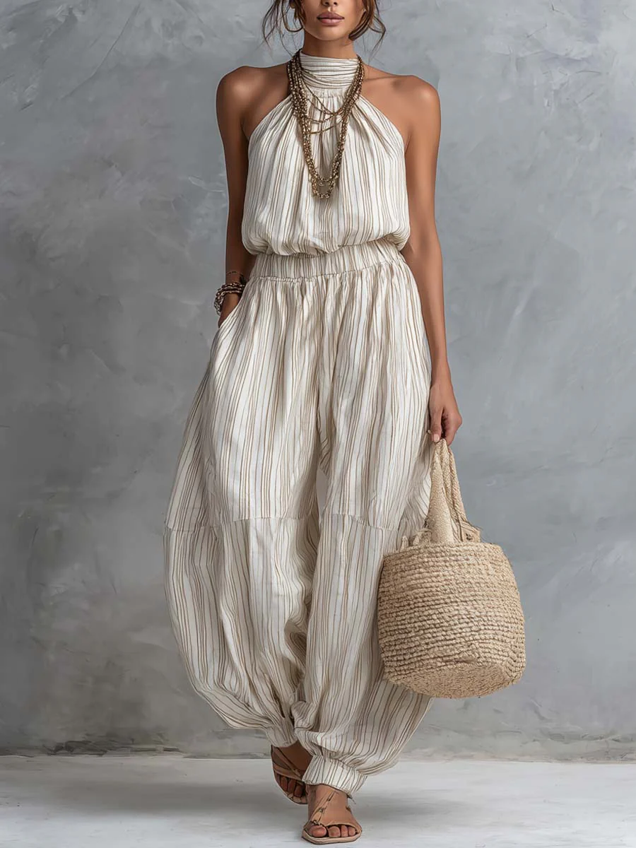 Retro Striped Pleated Collar Jumpsuit