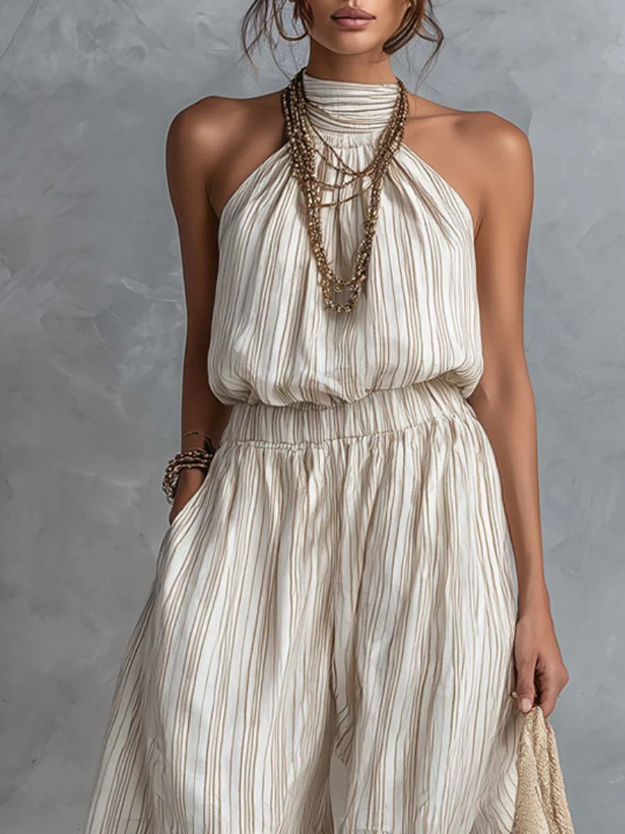 Retro Striped Pleated Collar Jumpsuit - Image 2