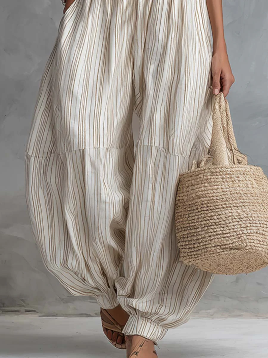 Retro Striped Pleated Collar Jumpsuit - Image 3