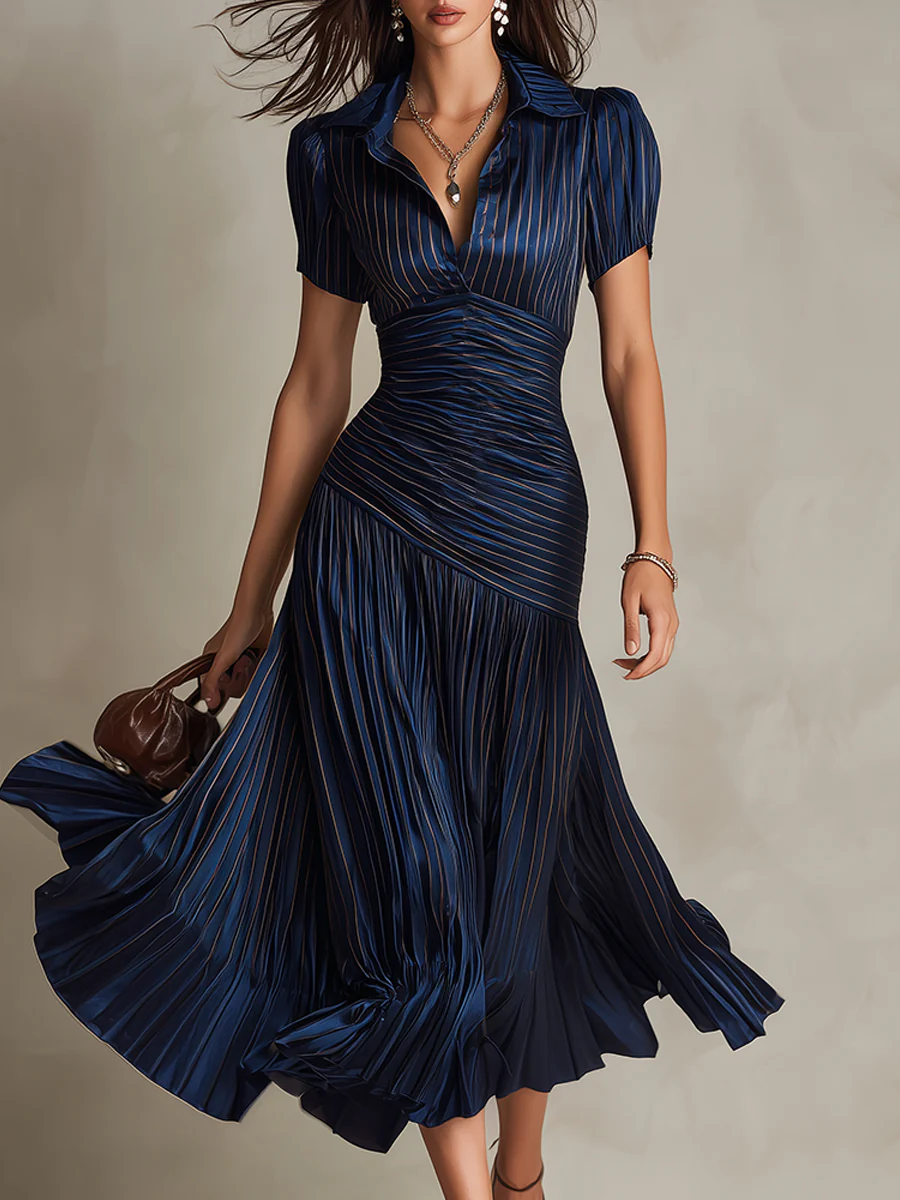 Retro Striped Satin Pleated Bodycon Midi Dress - Image 10