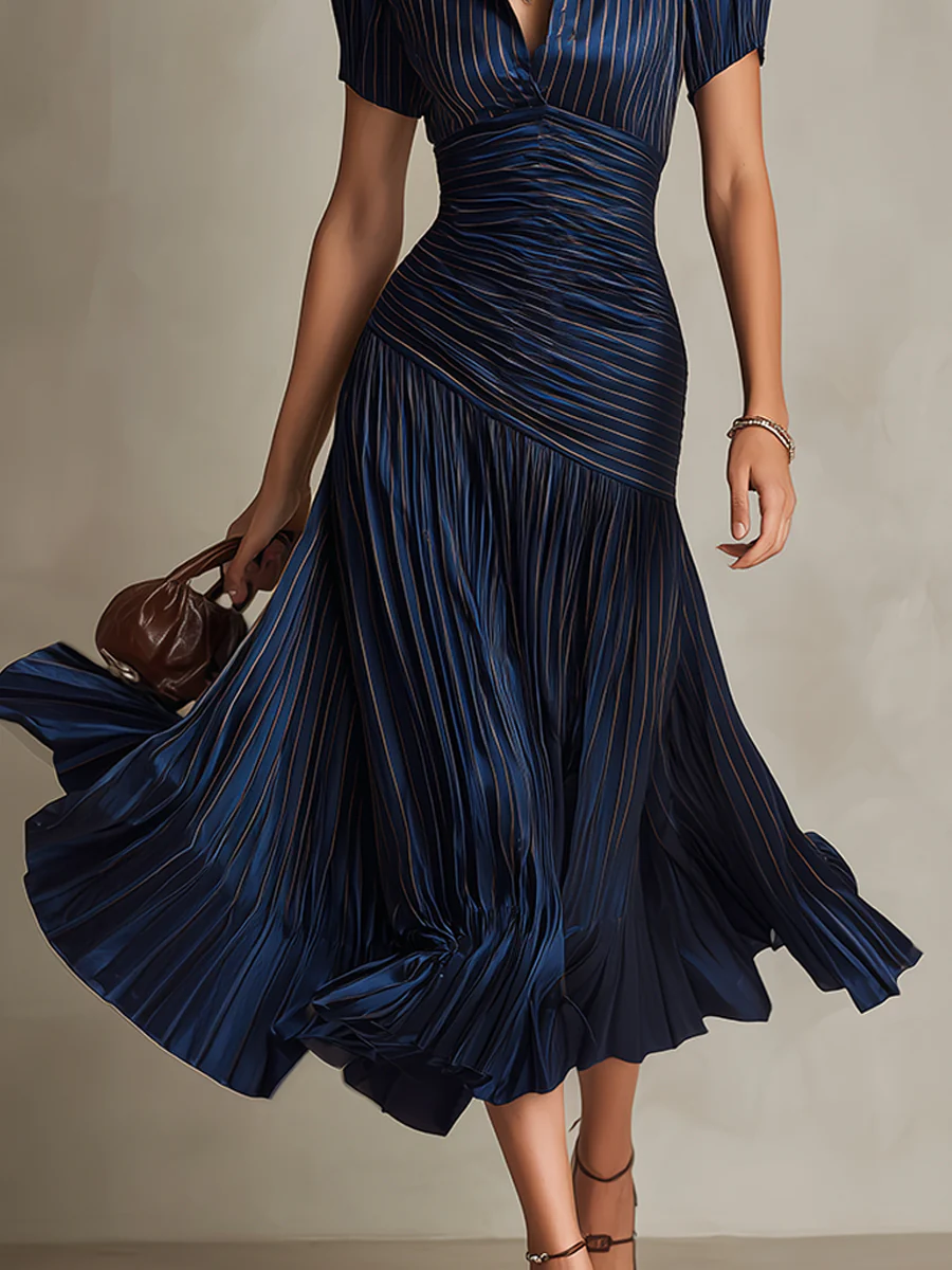 Retro Striped Satin Pleated Bodycon Midi Dress - Image 11