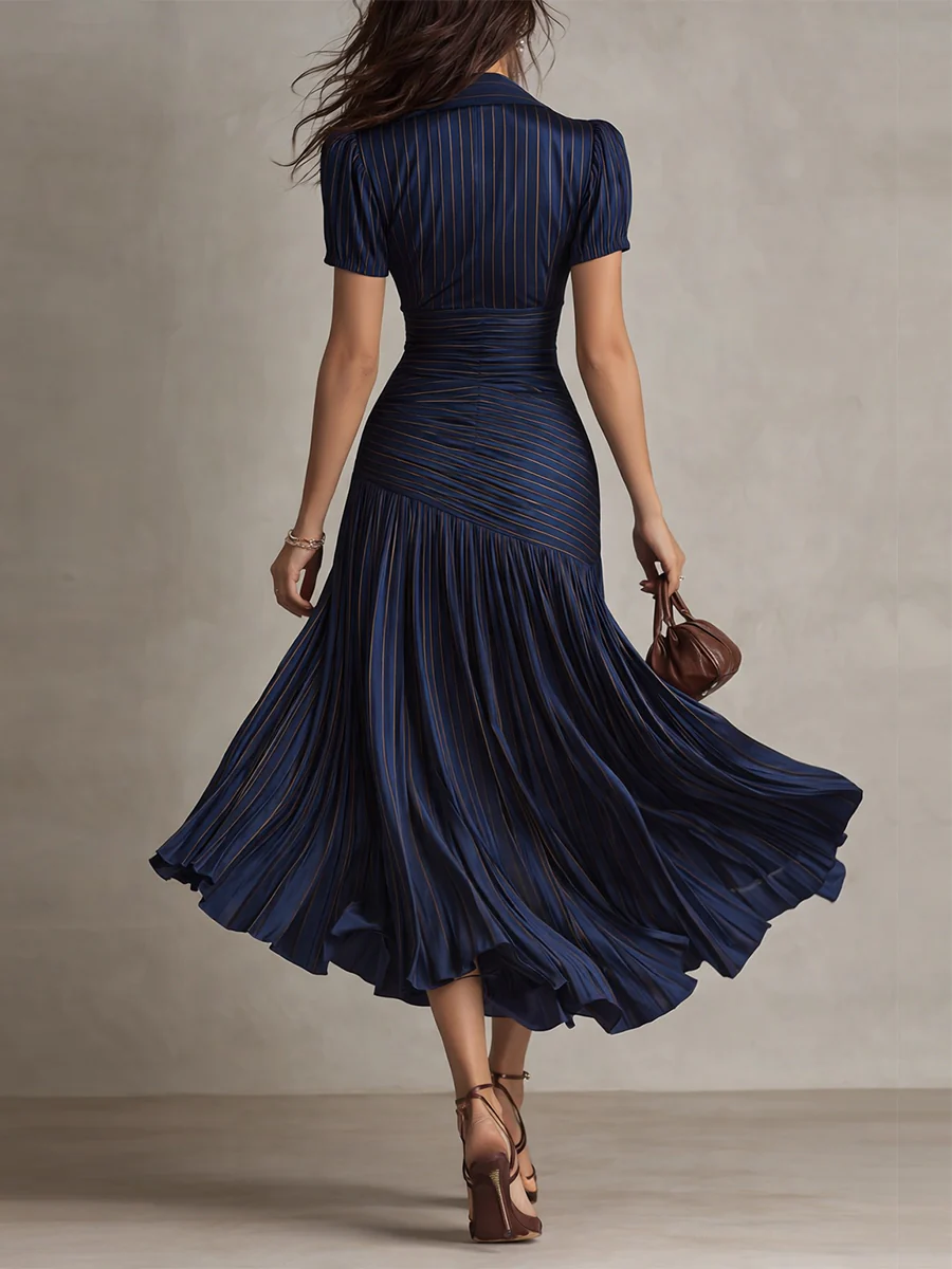 Retro Striped Satin Pleated Bodycon Midi Dress - Image 3