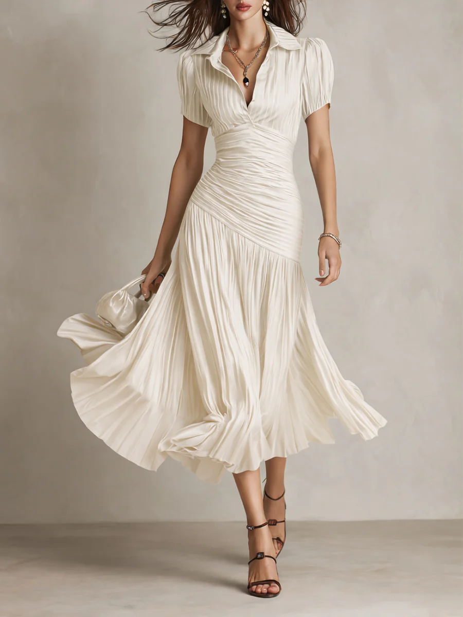 Retro Striped Satin Pleated Bodycon Midi Dress - Image 4