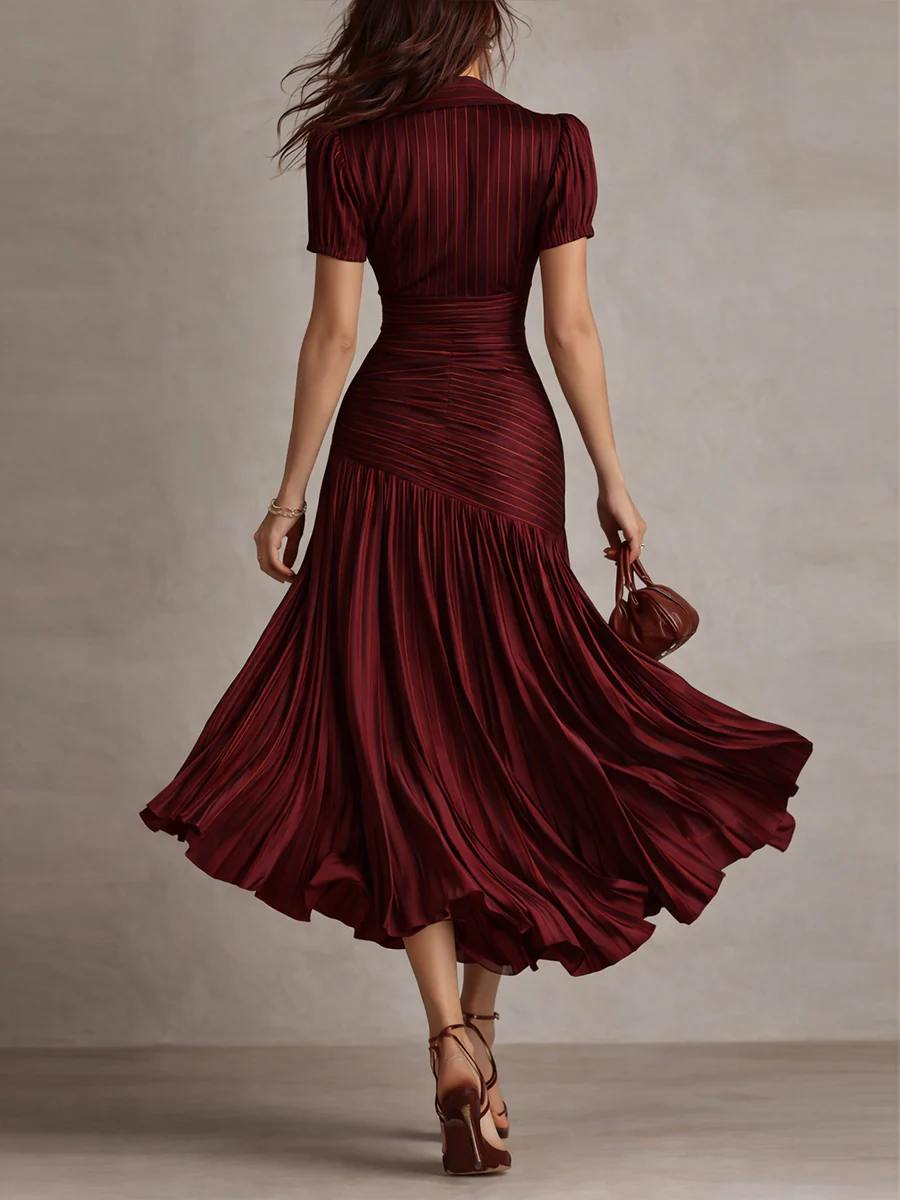 Retro Striped Satin Pleated Bodycon Midi Dress - Image 7