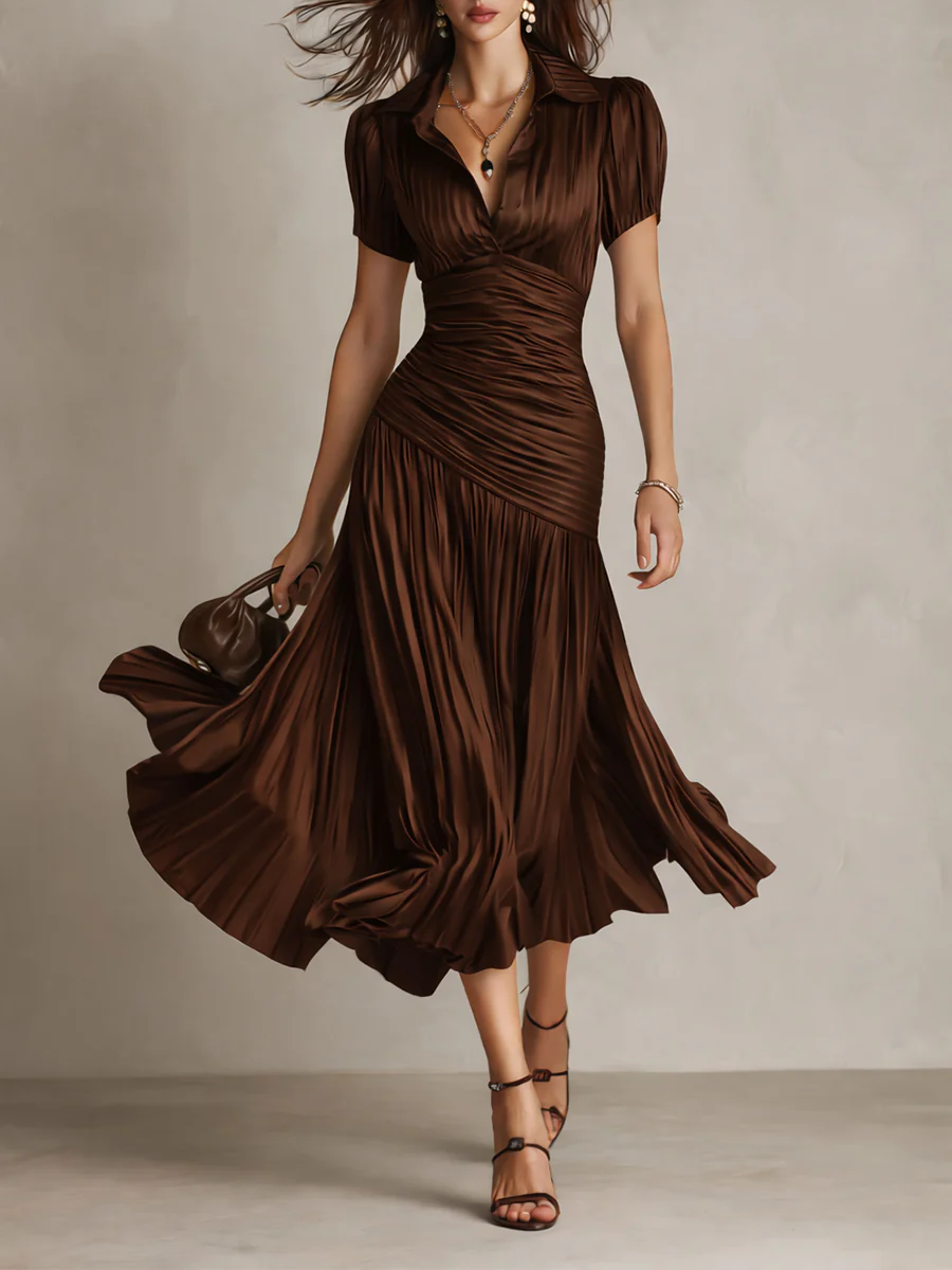 Retro Striped Satin Pleated Bodycon Midi Dress - Image 8