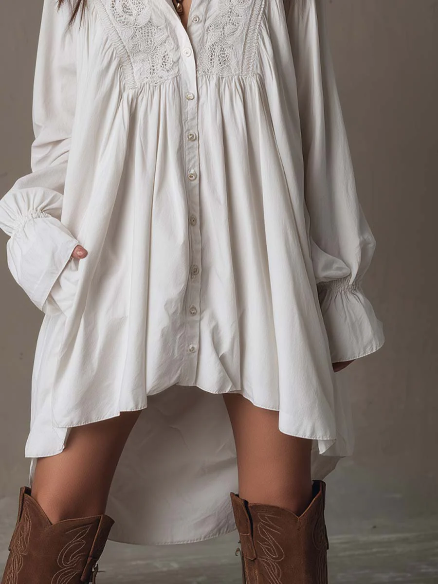 Retro-style Lace Irregular Hem Long-sleeved Mini Dress - Image 4