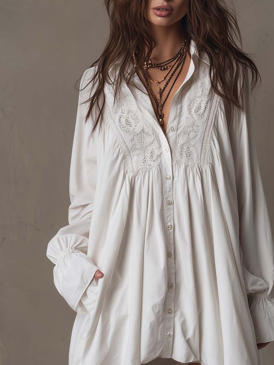 Retro-style Lace Irregular Hem Long-sleeved Mini Dress - Image 5