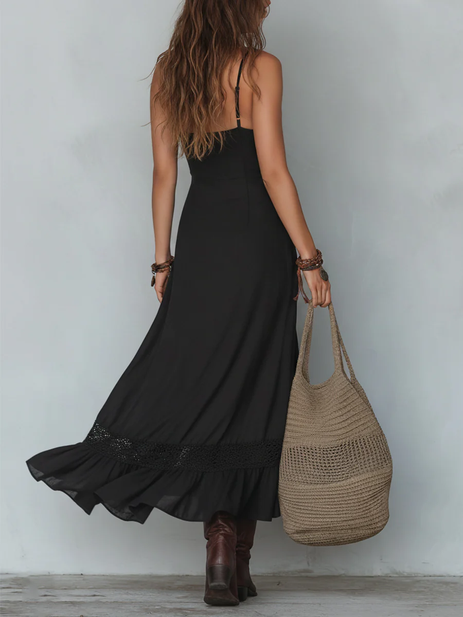 Retro Tencel Lace Trimmed Irregular Hem Maxi Dress - Image 3