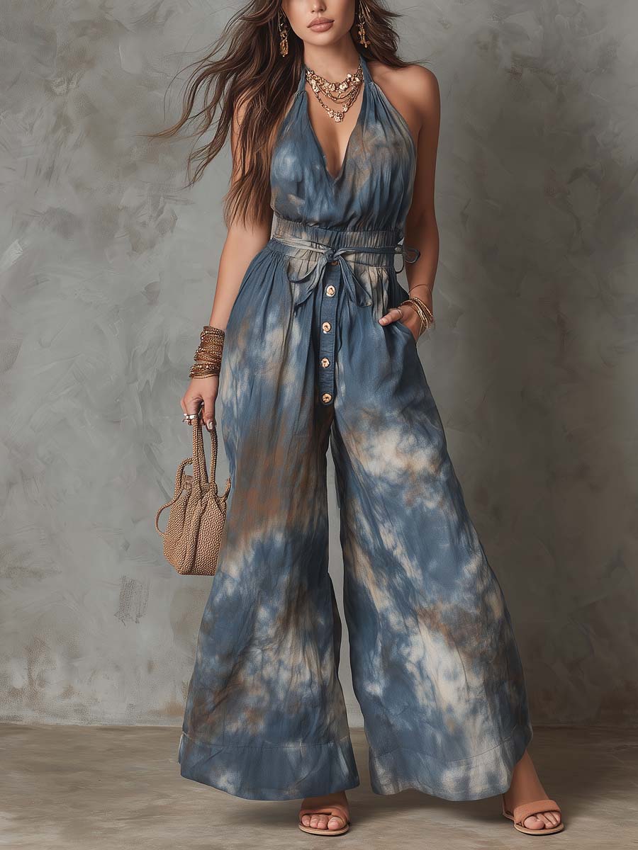 Retro Tie-Dye Printed Halter Jumpsuit
