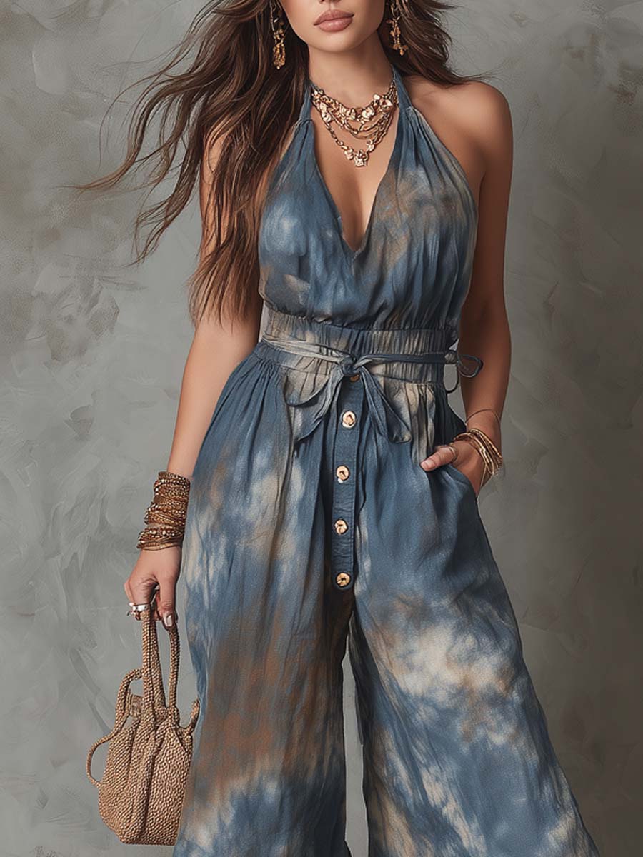 Retro Tie-Dye Printed Halter Jumpsuit - Image 2