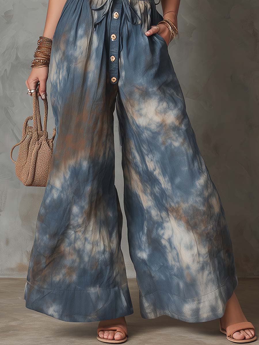Retro Tie-Dye Printed Halter Jumpsuit - Image 3