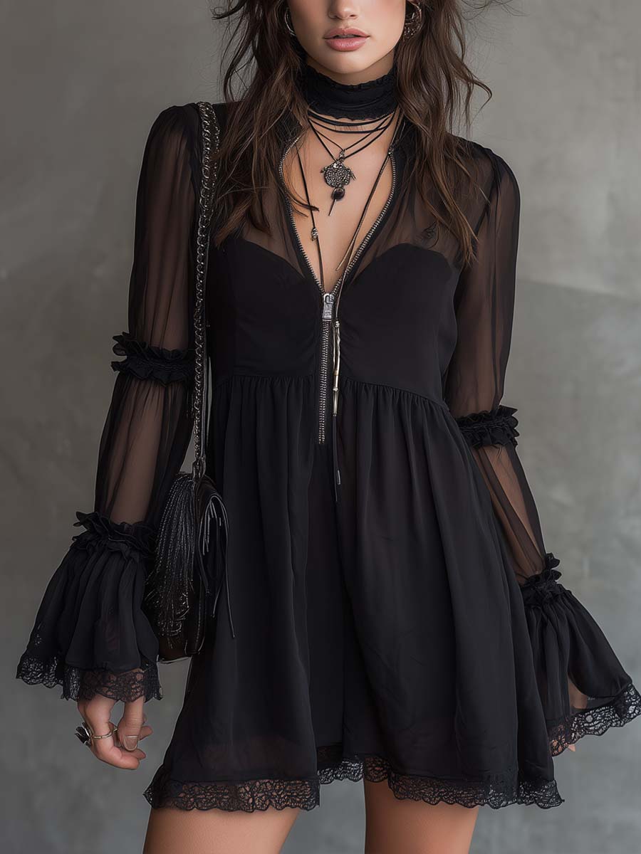 Retro Zip-Neck Chiffon Mini Dress