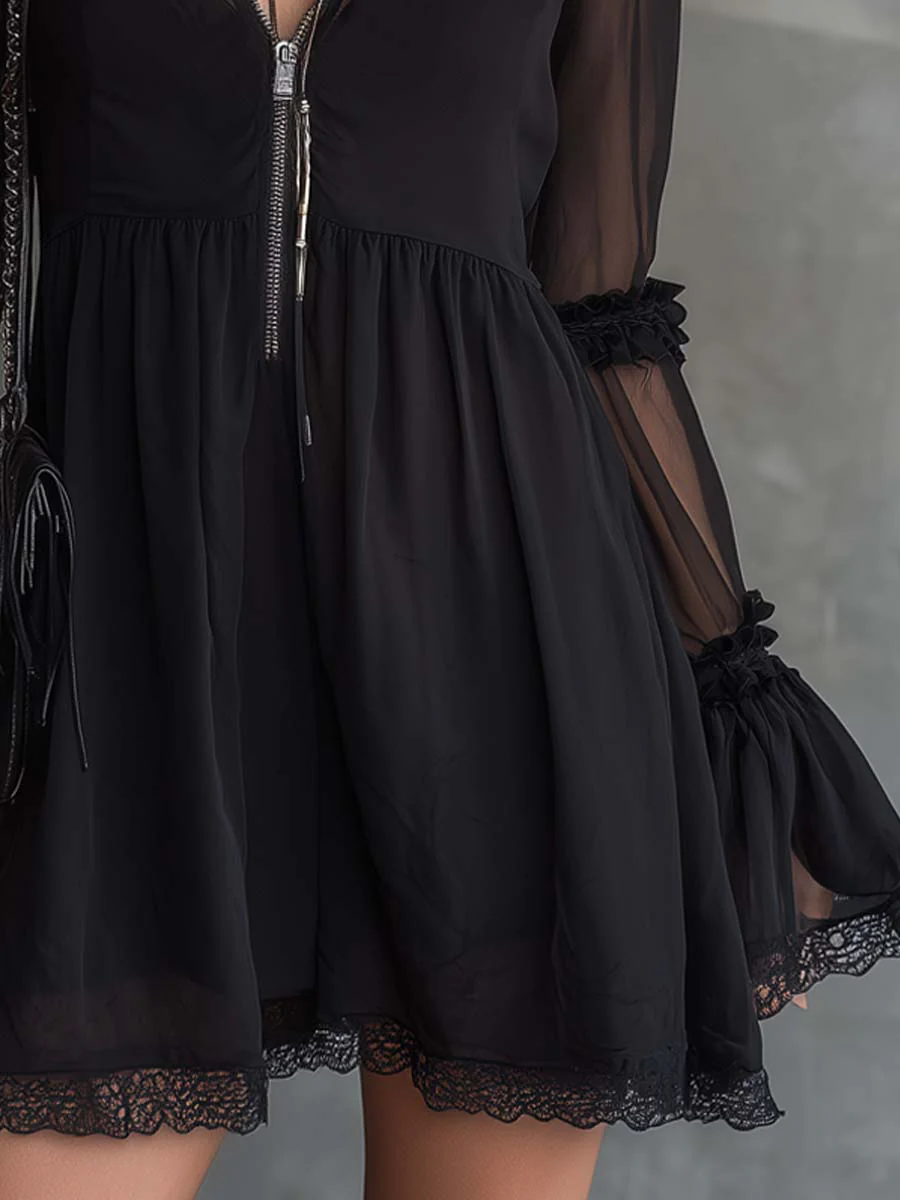 Retro Zip-Neck Chiffon Mini Dress - Image 3