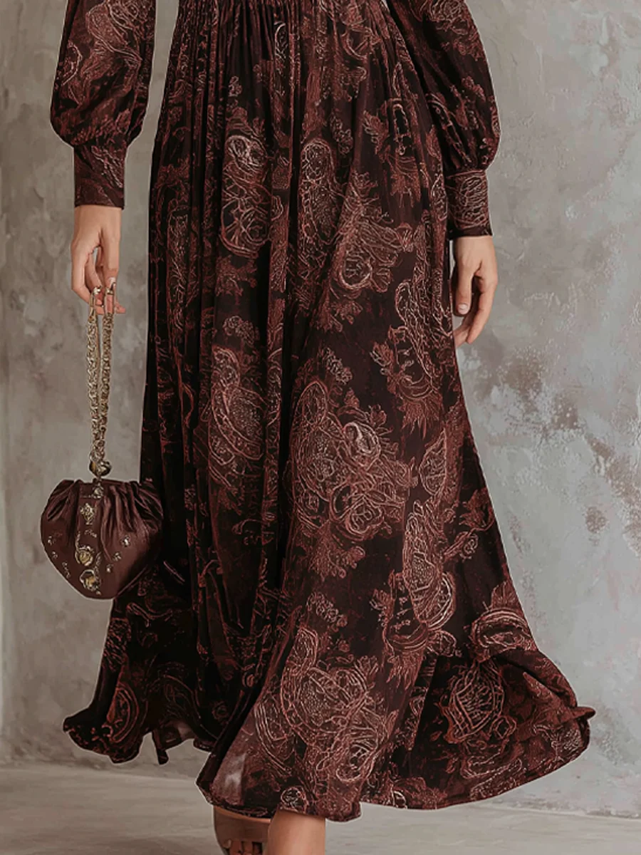 Retro Zipper Neck Long Sleeve Paisley Print Midi Dress - Image 4