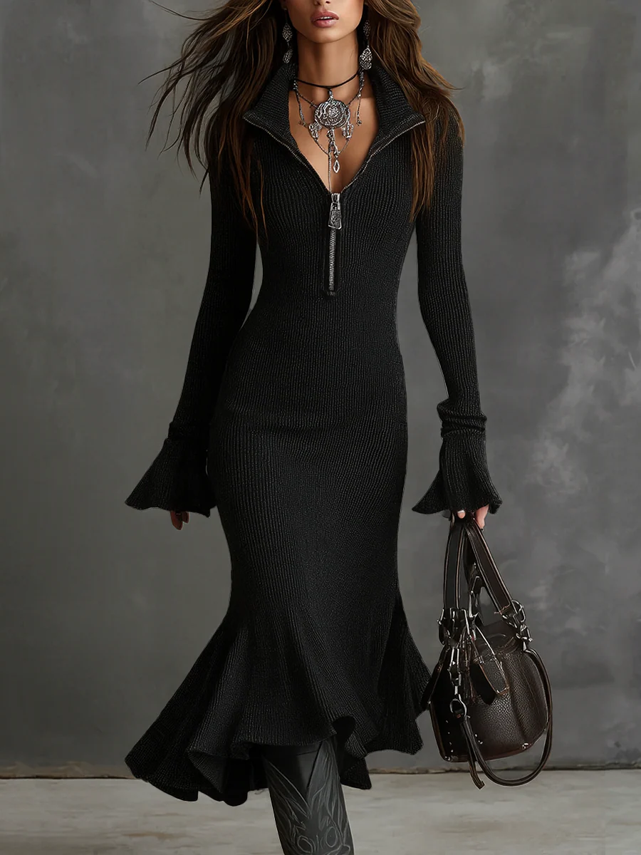 Retro Zipper Neck Trumpet Sleeve Knitted Midi Dress - Image 4