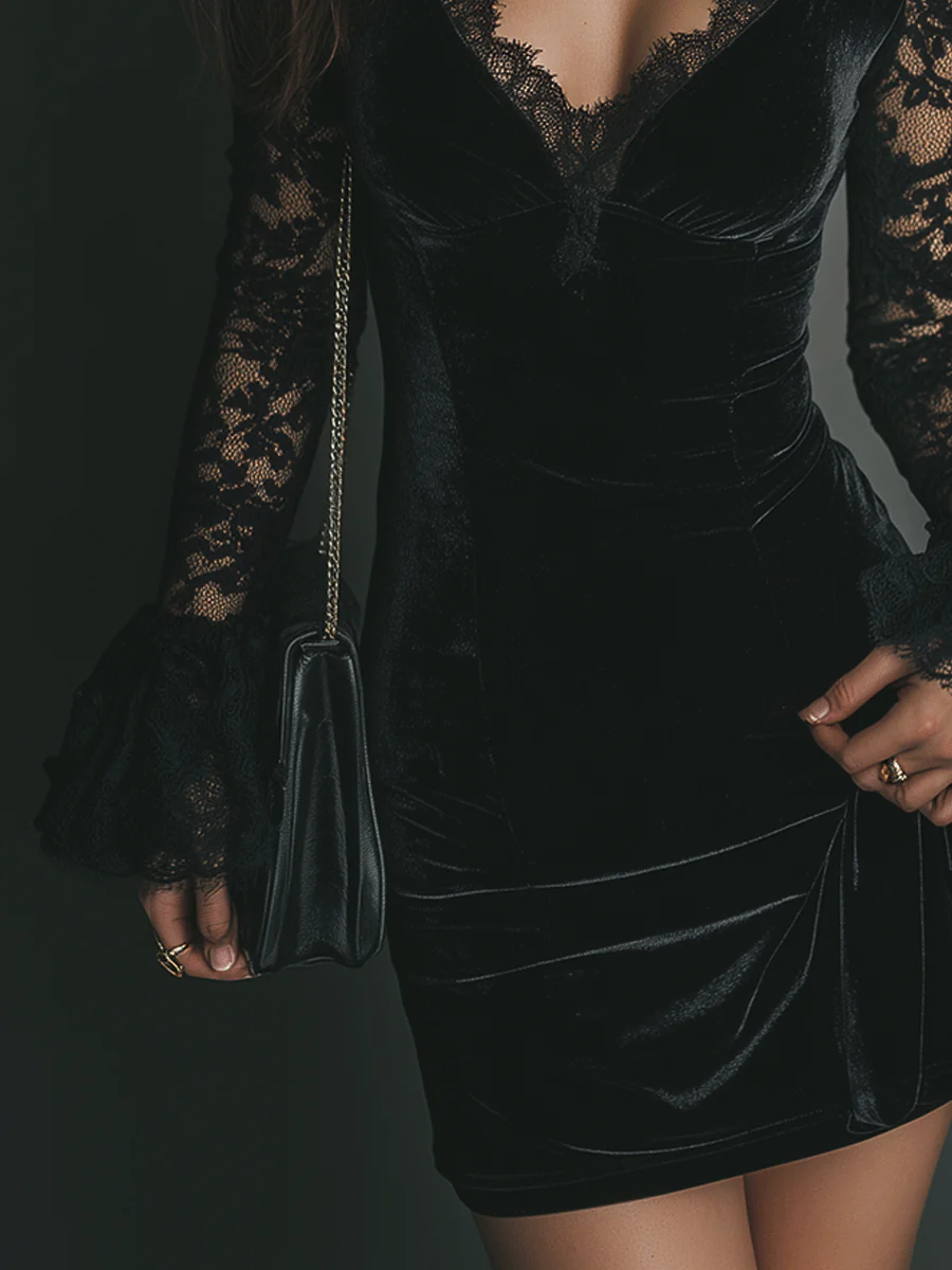 Romance Midnight Velvet Lace Bell-Sleeve Mini Dress - Image 3