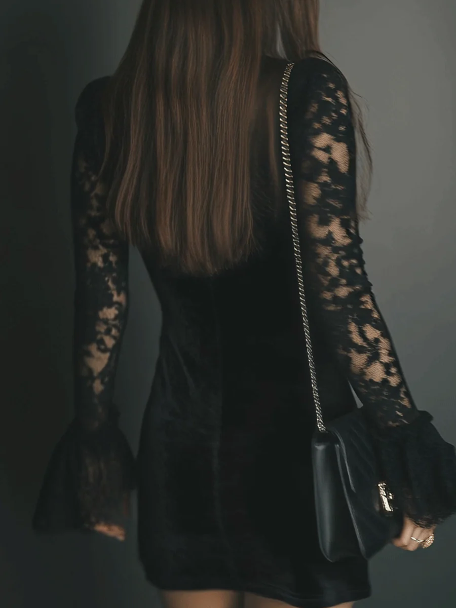 Romance Midnight Velvet Lace Bell-Sleeve Mini Dress - Image 4