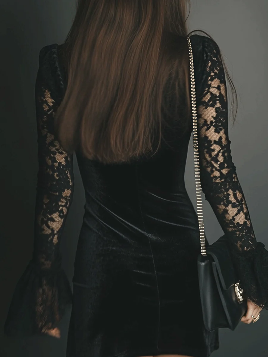 Romance Midnight Velvet Lace Bell-Sleeve Mini Dress - Image 5