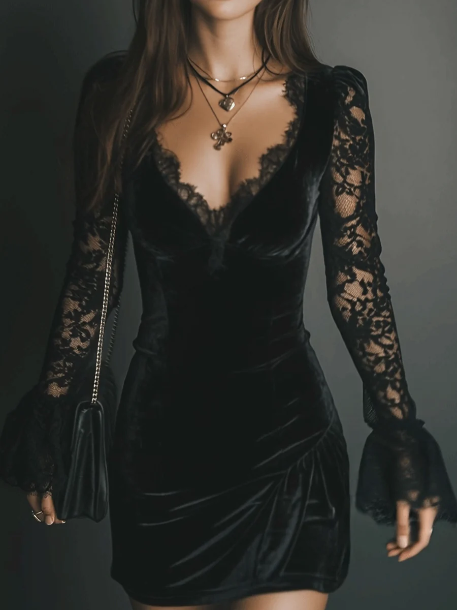 Romance Midnight Velvet Lace Bell-Sleeve Mini Dress - Image 6