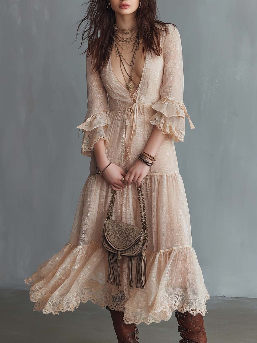 Romantic Boho Lace Flared Midi Dress