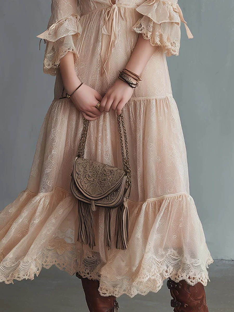 Romantic Boho Lace Flared Midi Dress - Image 2