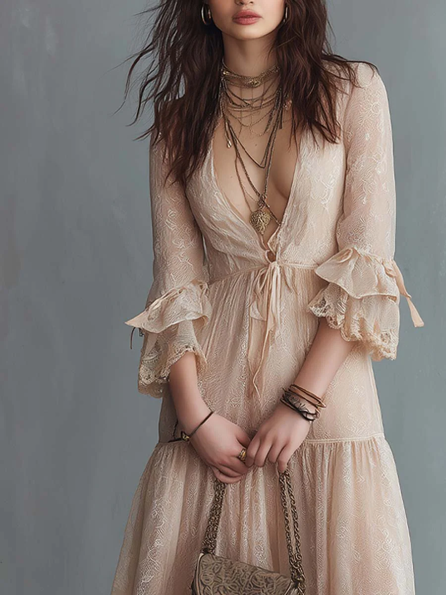 Romantic Boho Lace Flared Midi Dress - Image 3