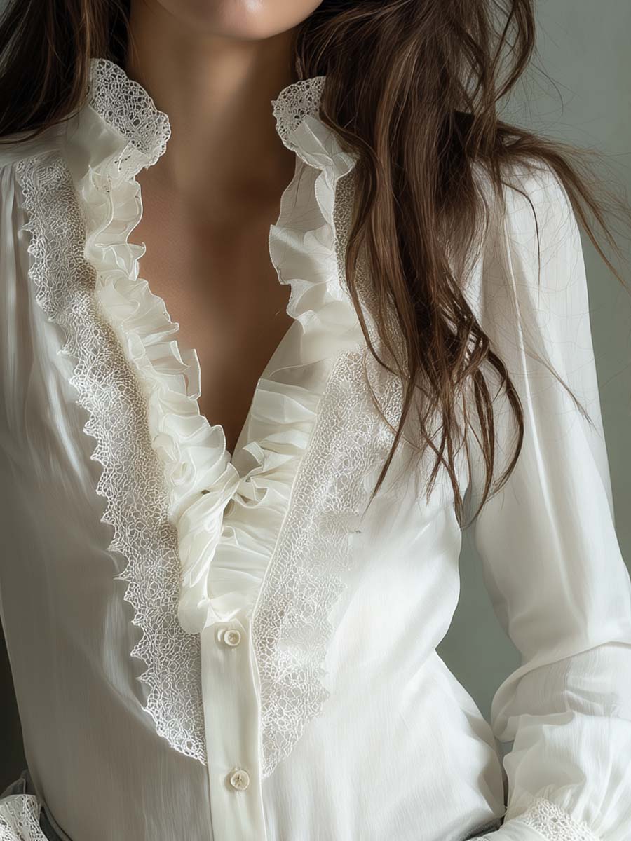 Romantic Ruffled Lace Blouse – Ivory White - Image 4