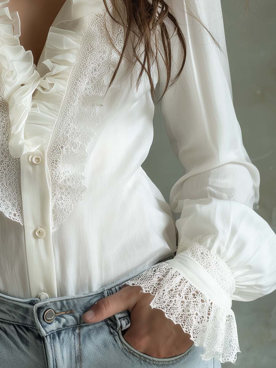 Romantic Ruffled Lace Blouse – Ivory White - Image 5