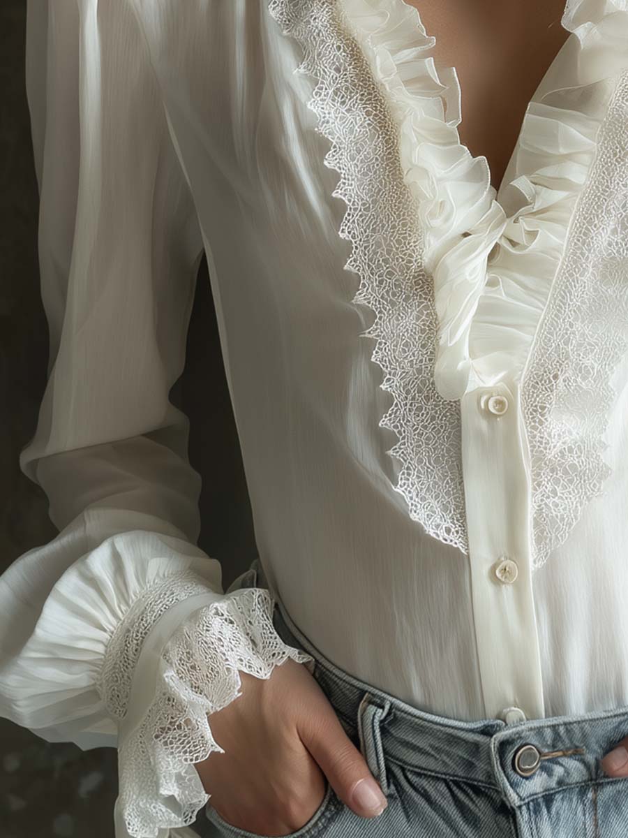 Romantic Ruffled Lace Blouse – Ivory White - Image 6