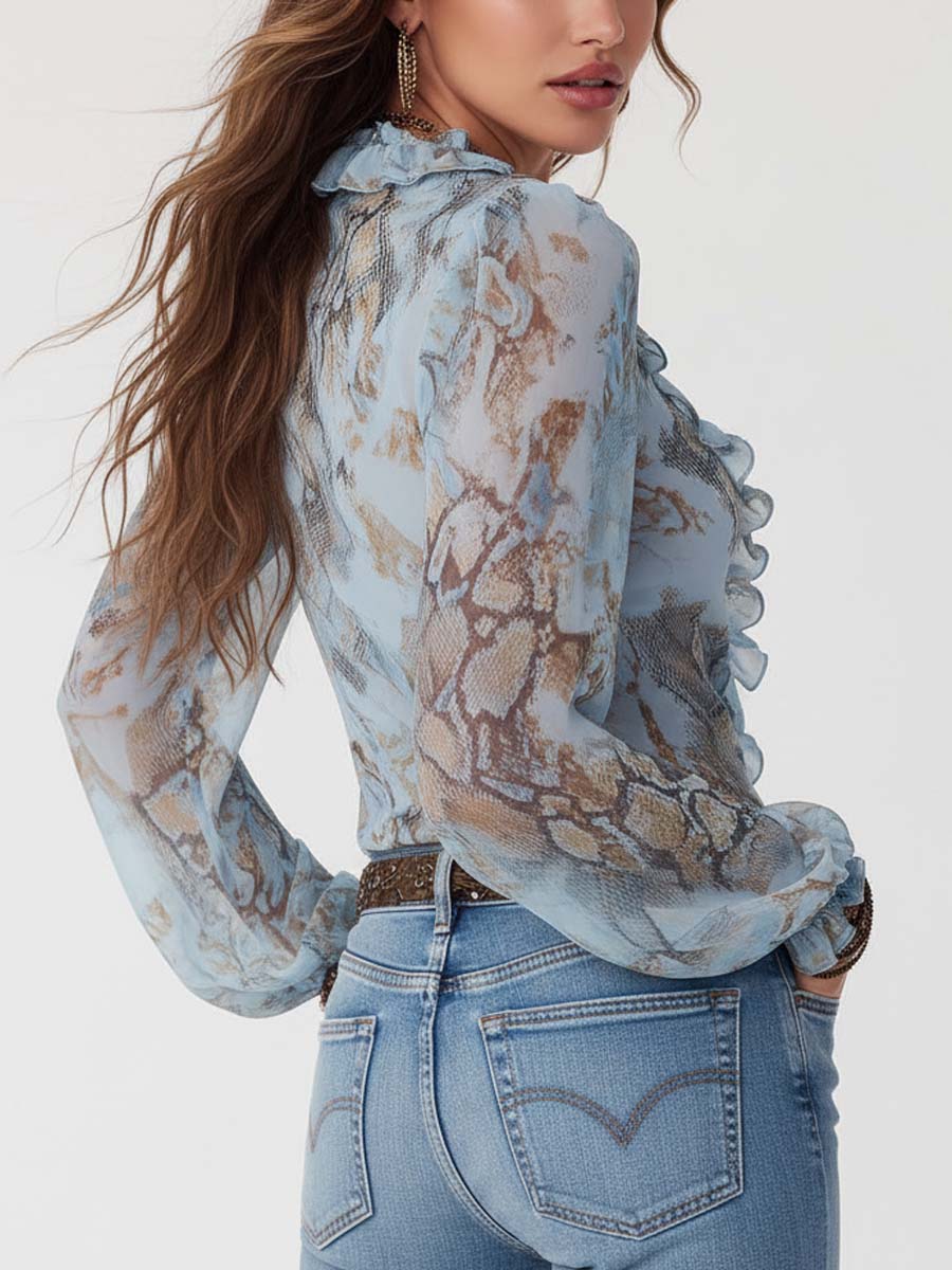 Ruffled Zip-Front Chiffon Blouse In Serene Blue Print - Image 2