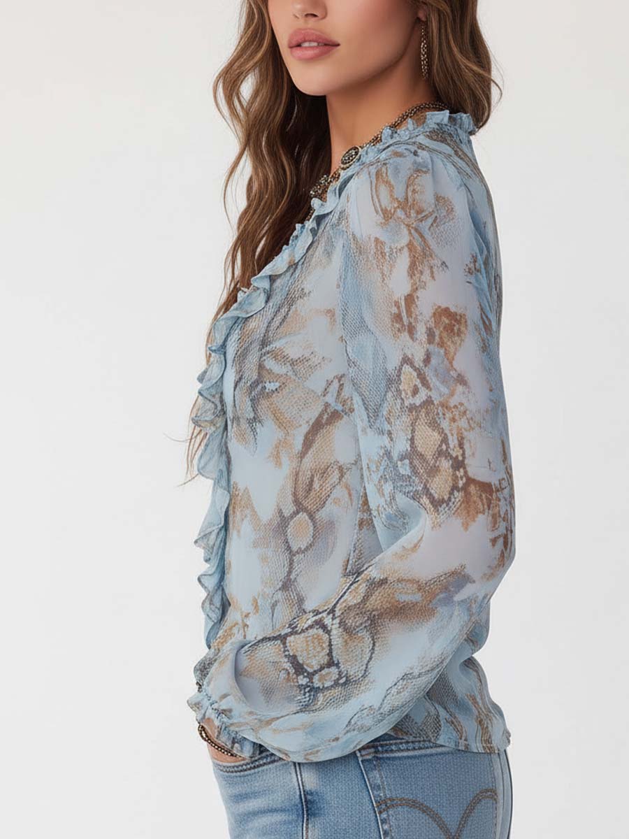 Ruffled Zip-Front Chiffon Blouse In Serene Blue Print - Image 3