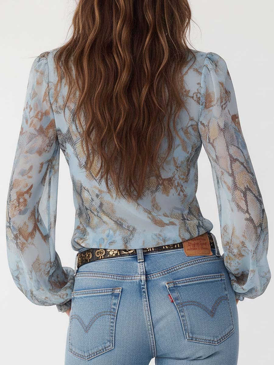 Ruffled Zip-Front Chiffon Blouse In Serene Blue Print - Image 4