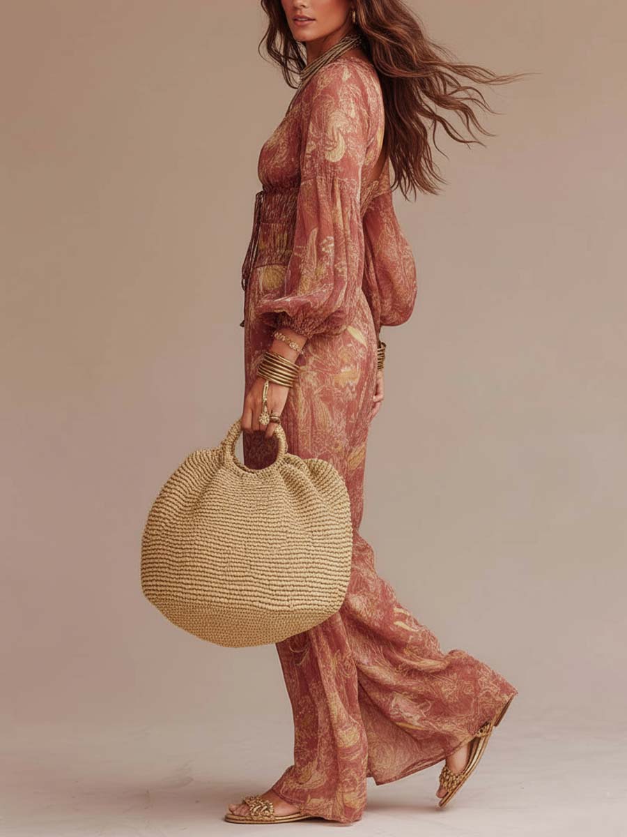 Rust Floral Print Puff Sleeve Wide Leg Jumpsuit - Image 2