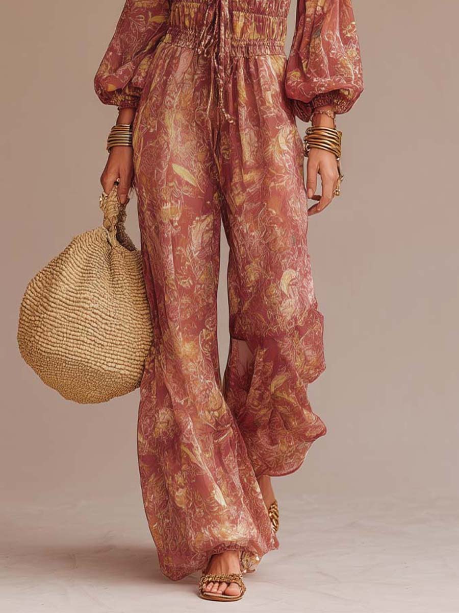 Rust Floral Print Puff Sleeve Wide Leg Jumpsuit - Image 5