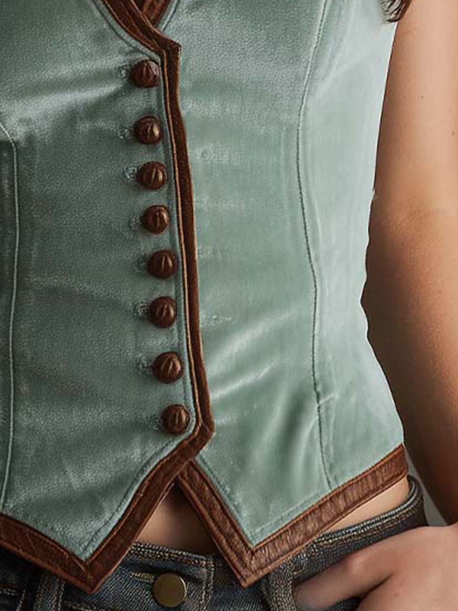 Sage Polyester velvet And Contrast Leather Trim Slim Fit Vest - Image 5