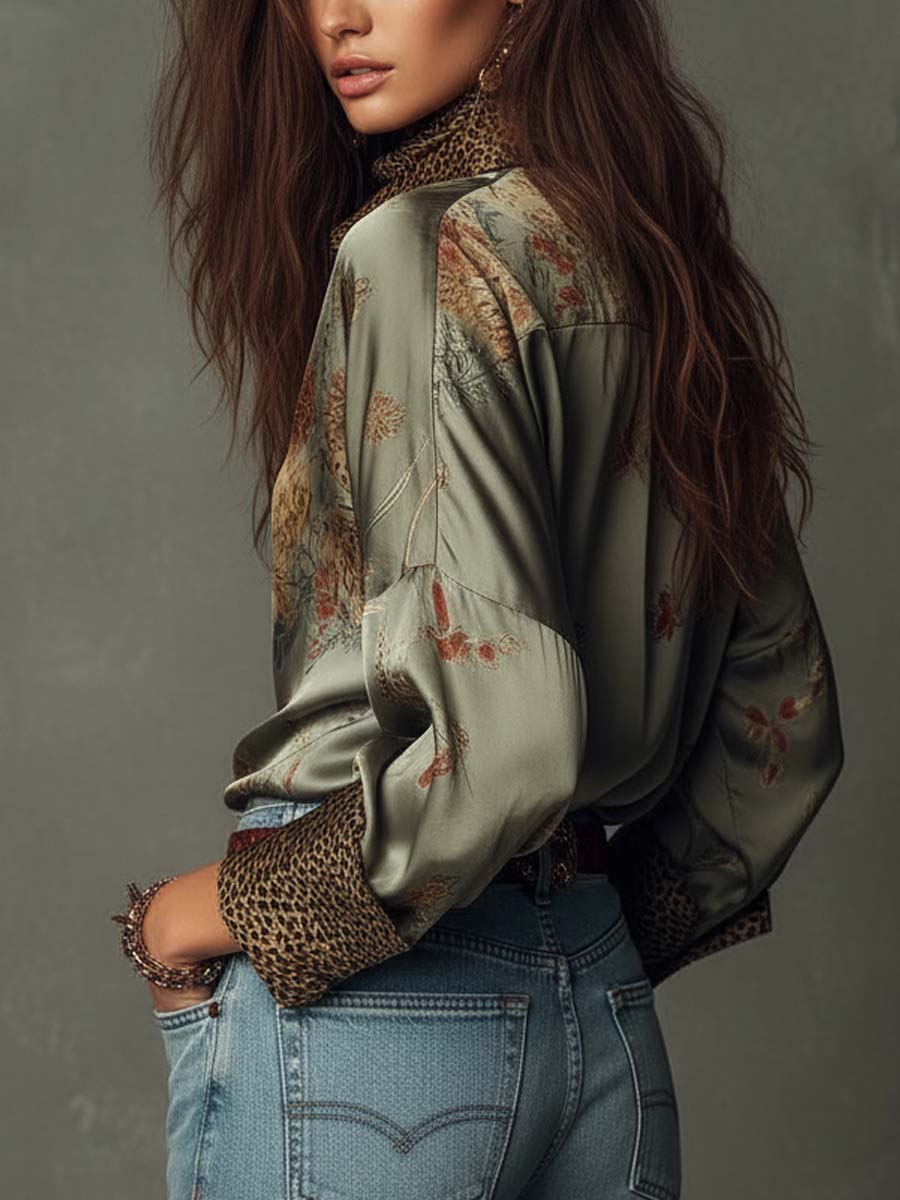 Satin Floral Button-Down Shirt With Leopard Trim - Image 3