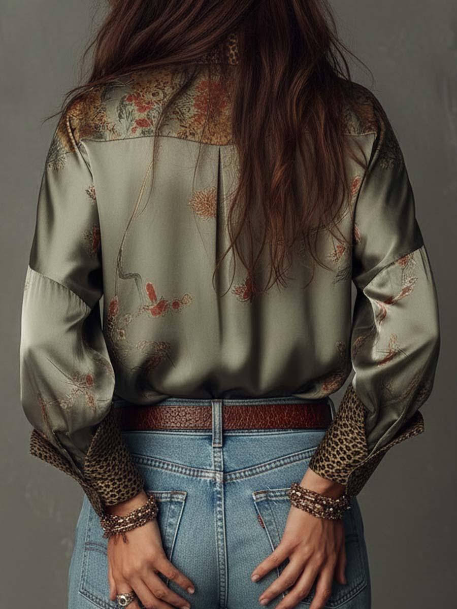 Satin Floral Button-Down Shirt With Leopard Trim - Image 4
