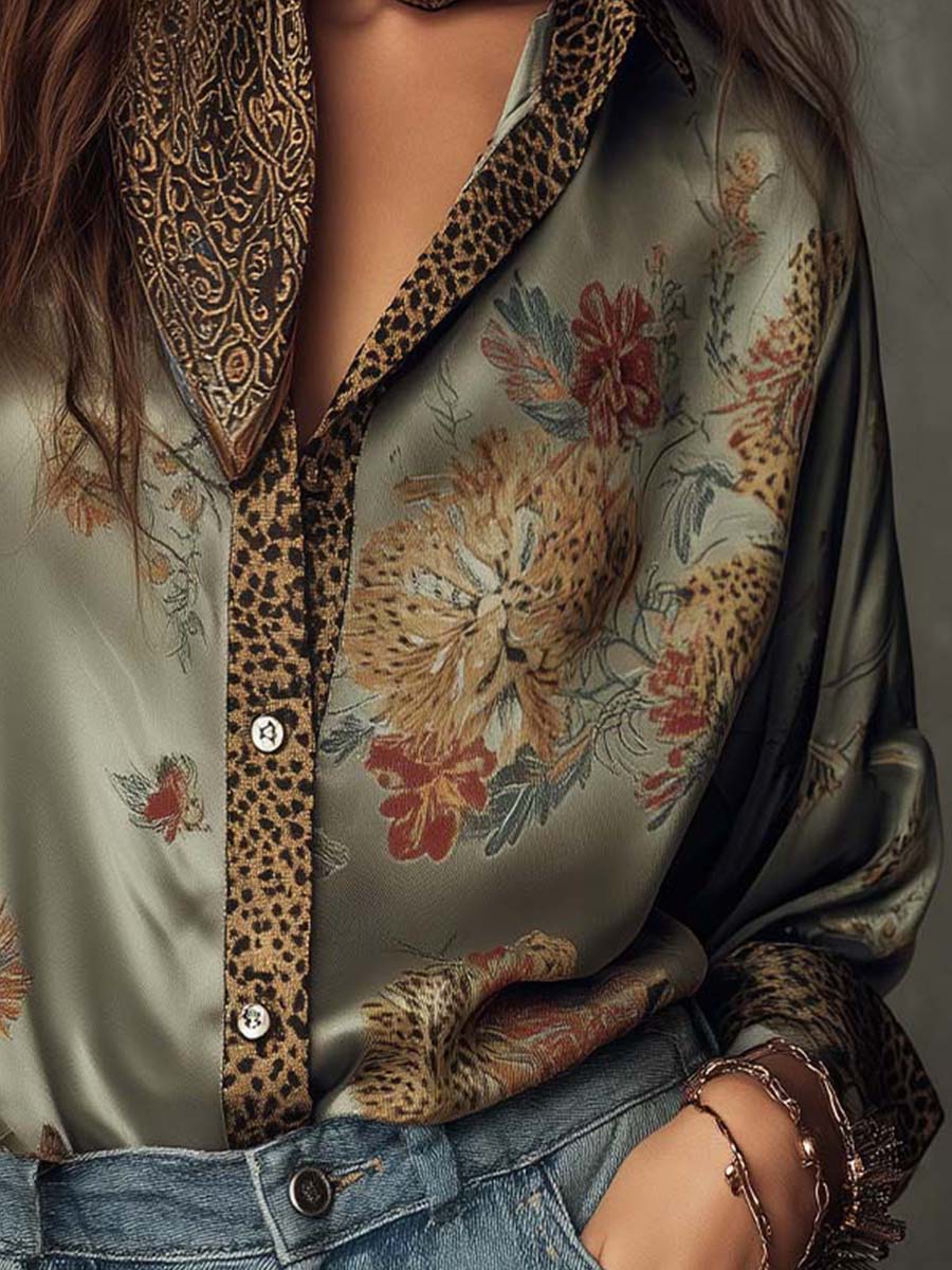 Satin Floral Button-Down Shirt With Leopard Trim - Image 5