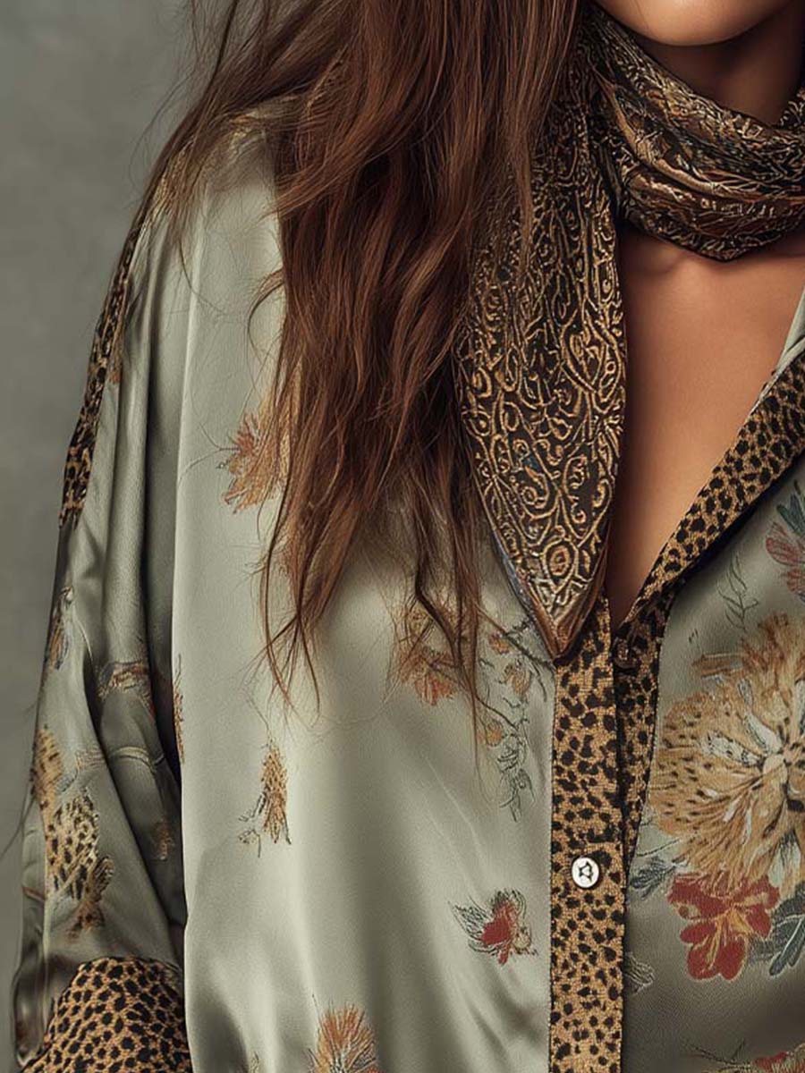 Satin Floral Button-Down Shirt With Leopard Trim - Image 6