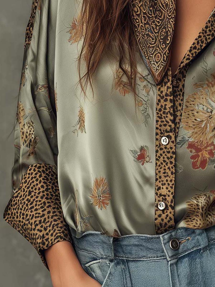 Satin Floral Button-Down Shirt With Leopard Trim - Image 7