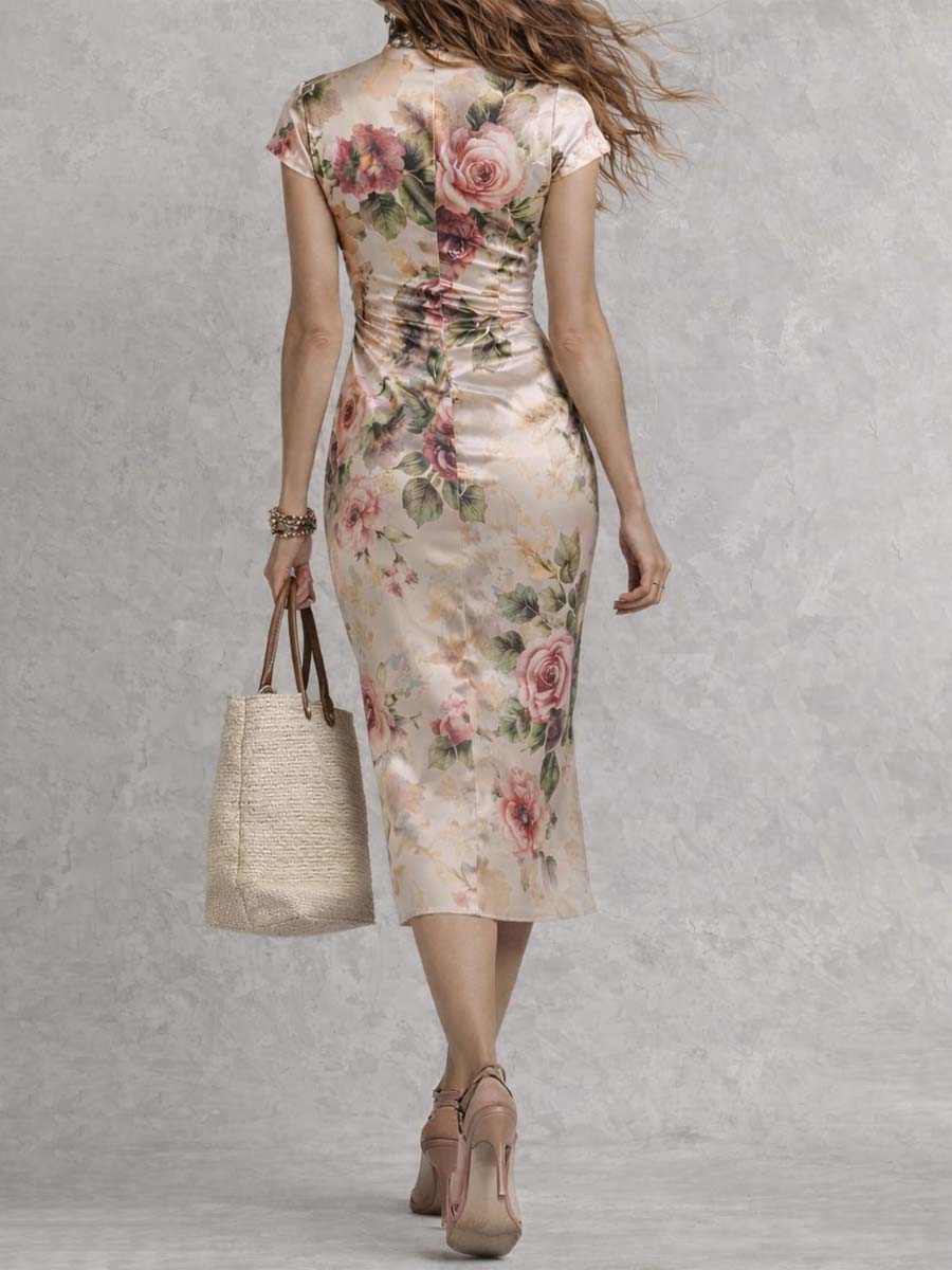 Satin Floral Print Ruched Midi Dress With Side Slit - Image 3