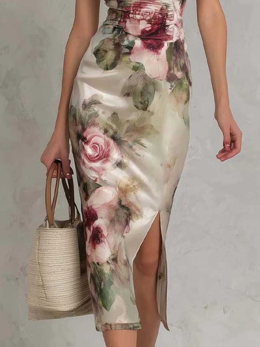 Satin Floral Print Ruched Midi Dress With Side Slit - Image 5