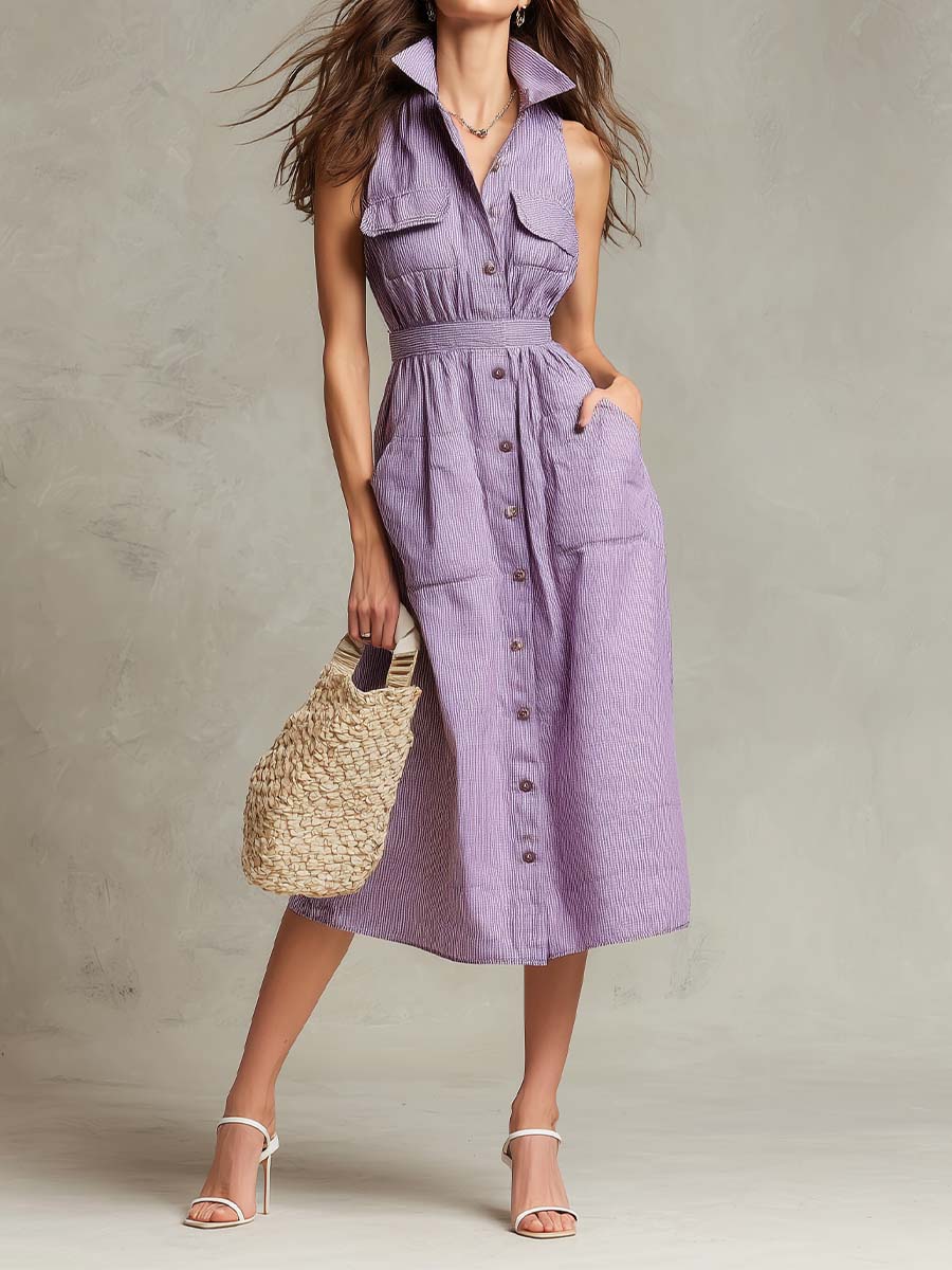 Sleeveless Striped Shirt Midi Dress In Lavender