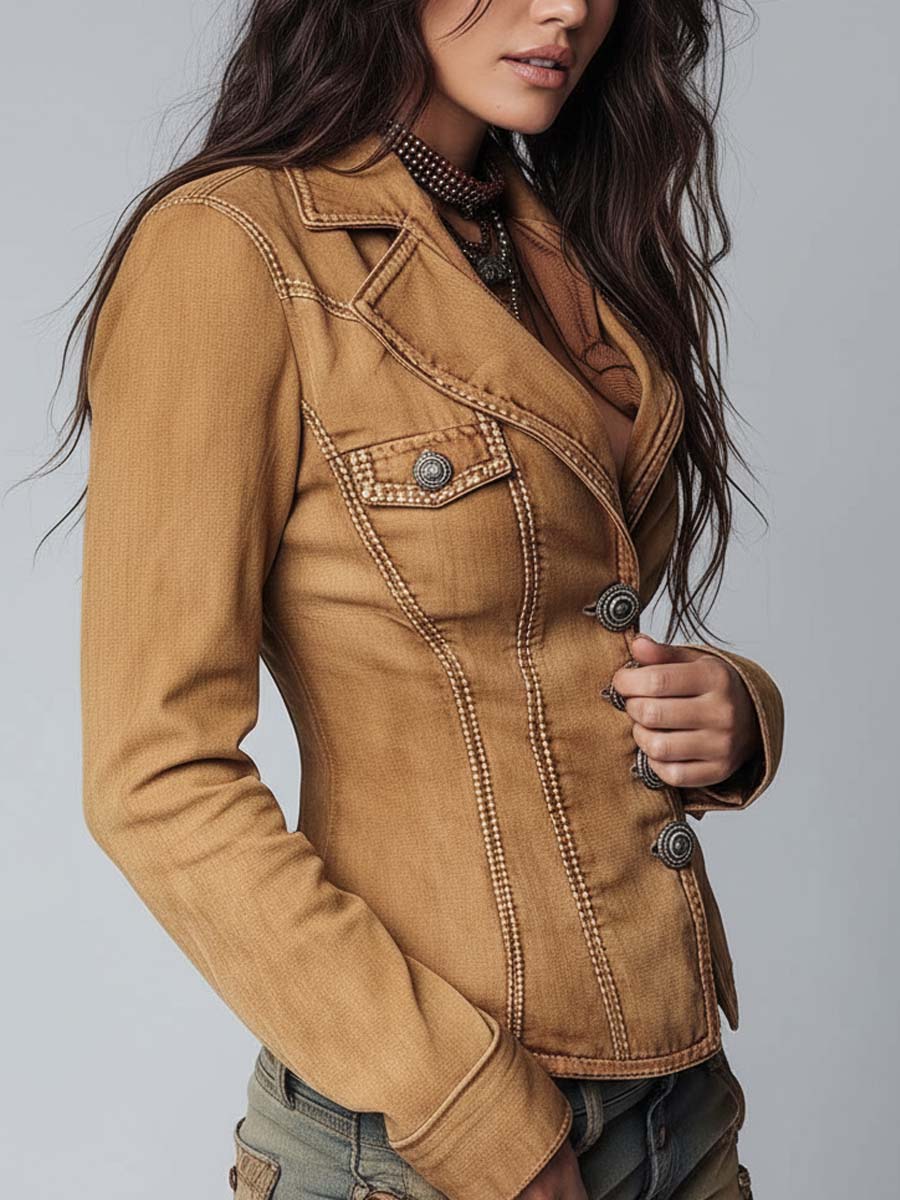 Slim-fit Vintage-style Washed Khaki Denim Jacket - Image 3