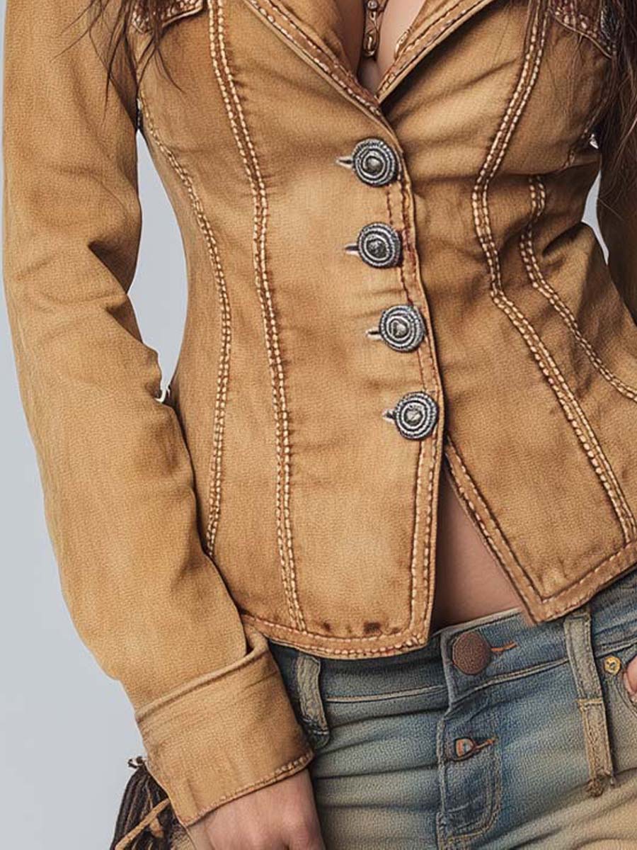 Slim-fit Vintage-style Washed Khaki Denim Jacket - Image 5