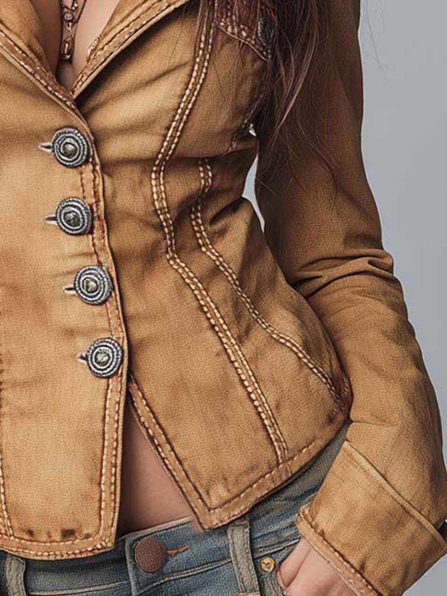 Slim-fit Vintage-style Washed Khaki Denim Jacket - Image 6