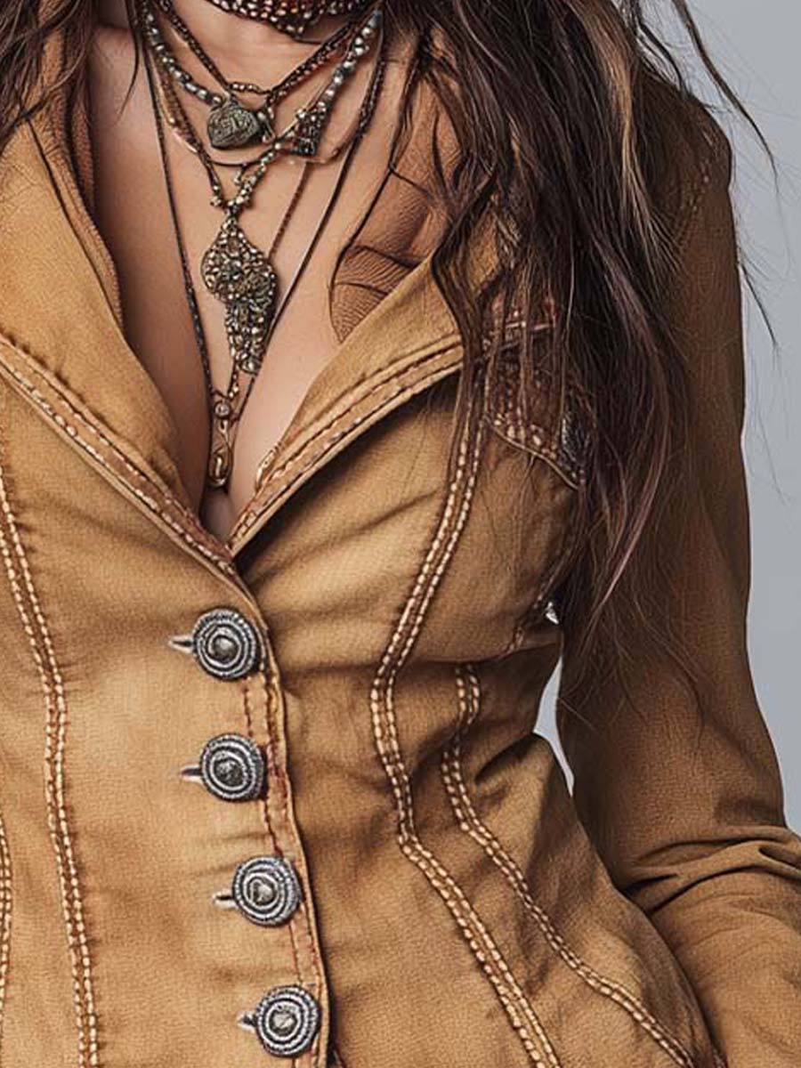 Slim-fit Vintage-style Washed Khaki Denim Jacket - Image 7